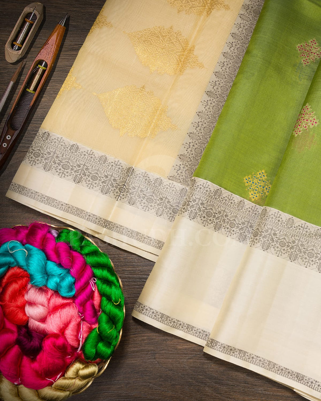 Olive Green With Ivory Semi Organza Kanjivaram Silk Saree-S1706(B)
