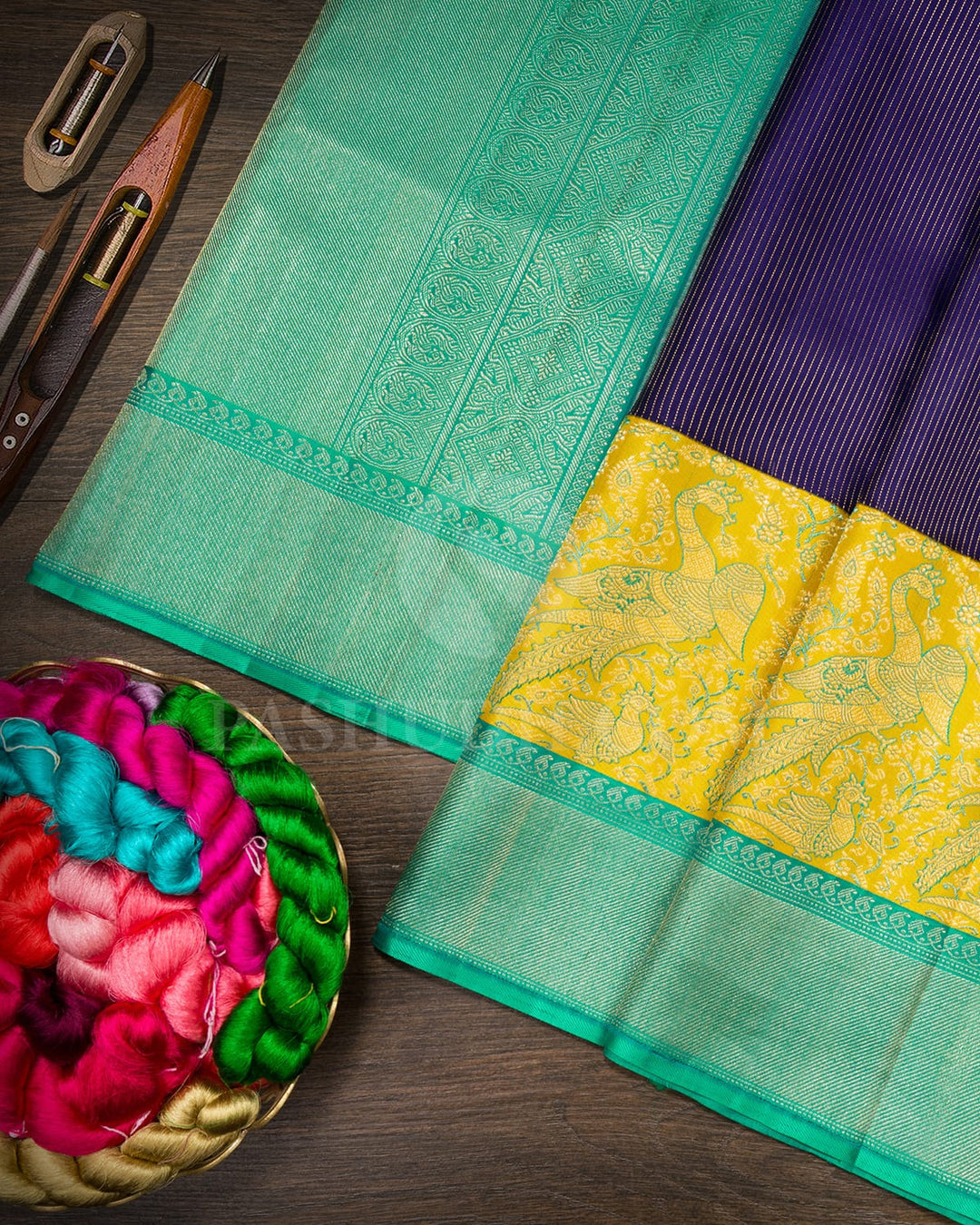 Royal Blue With Turquoise Green Kanjivaram Silk Saree-S1593(C)