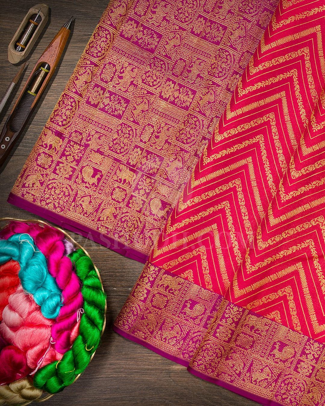 Raspberry Pink With Magenta Kanjivaram Silk Saree-D611(D)