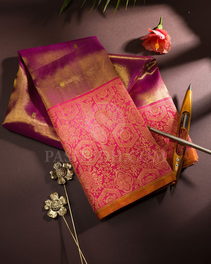 Peachy Pink Shot Magenta Shimmer Kanjivaram Silk Saree-S1252(B)