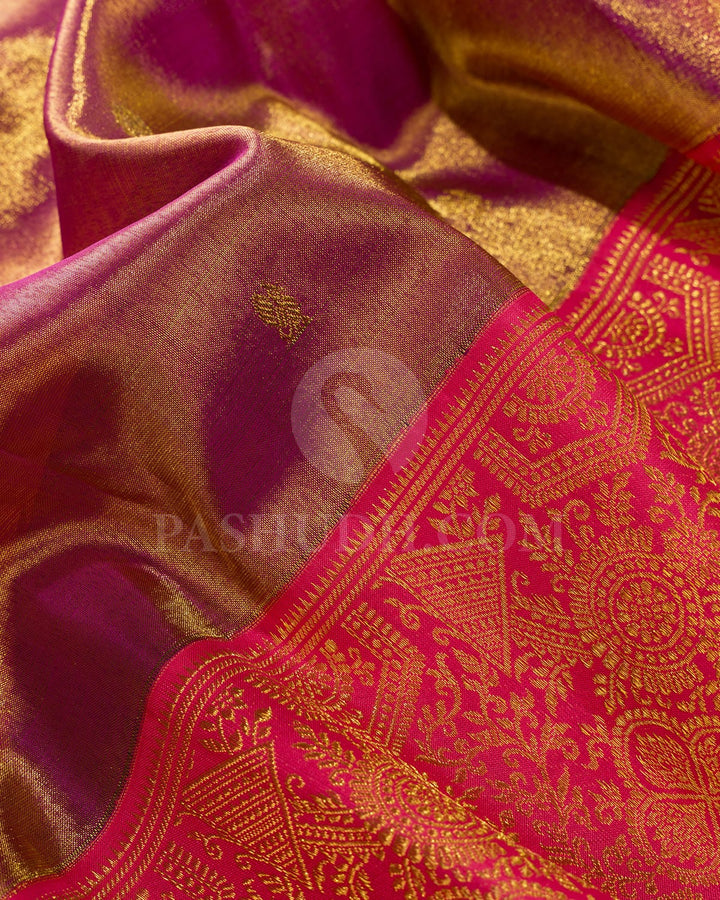 Peachy Pink Shot Magenta Shimmer Kanjivaram Silk Saree-S1252(B)