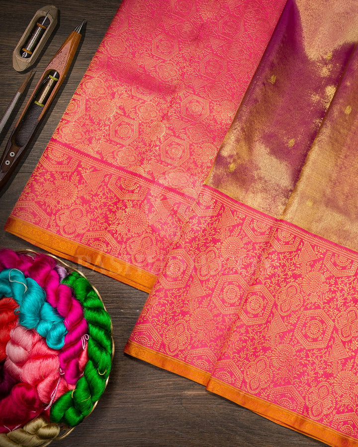 Peachy Pink Shot Magenta Shimmer Kanjivaram Silk Saree-S1252(B)