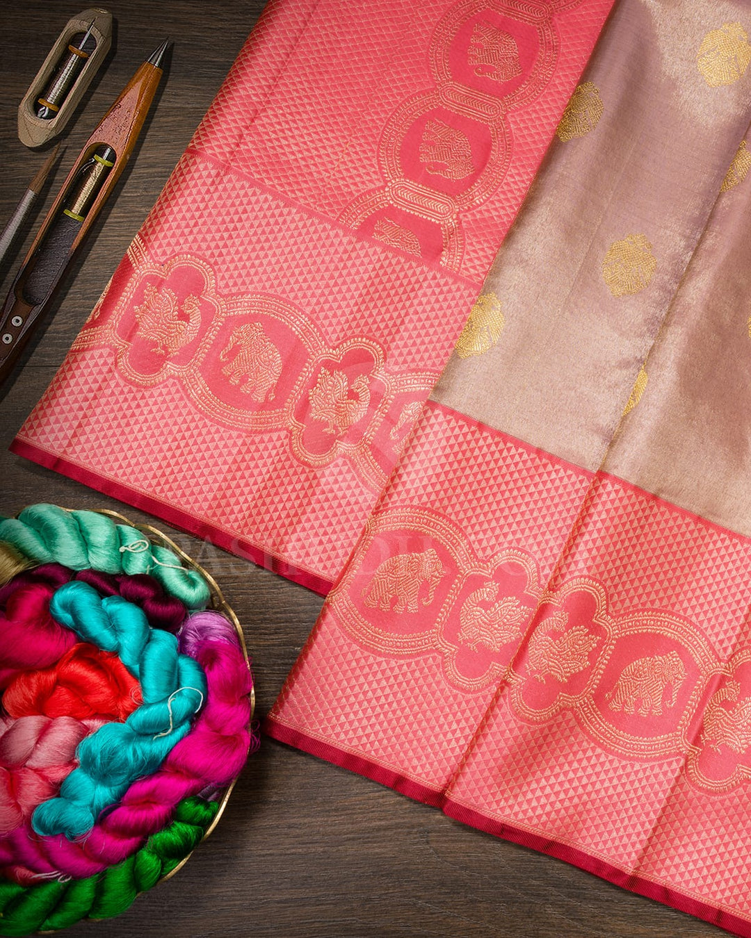 Pastel Blush Pink With Peachy Pink Shimmer Kanjivaram Silk Saree-S1585(D)