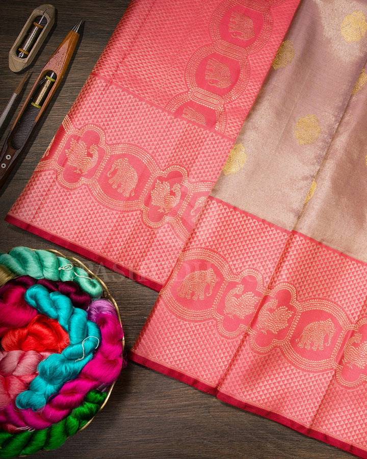Pastel Blush Pink With Peachy Pink Shimmer Kanjivaram Silk Saree-S1585(D)