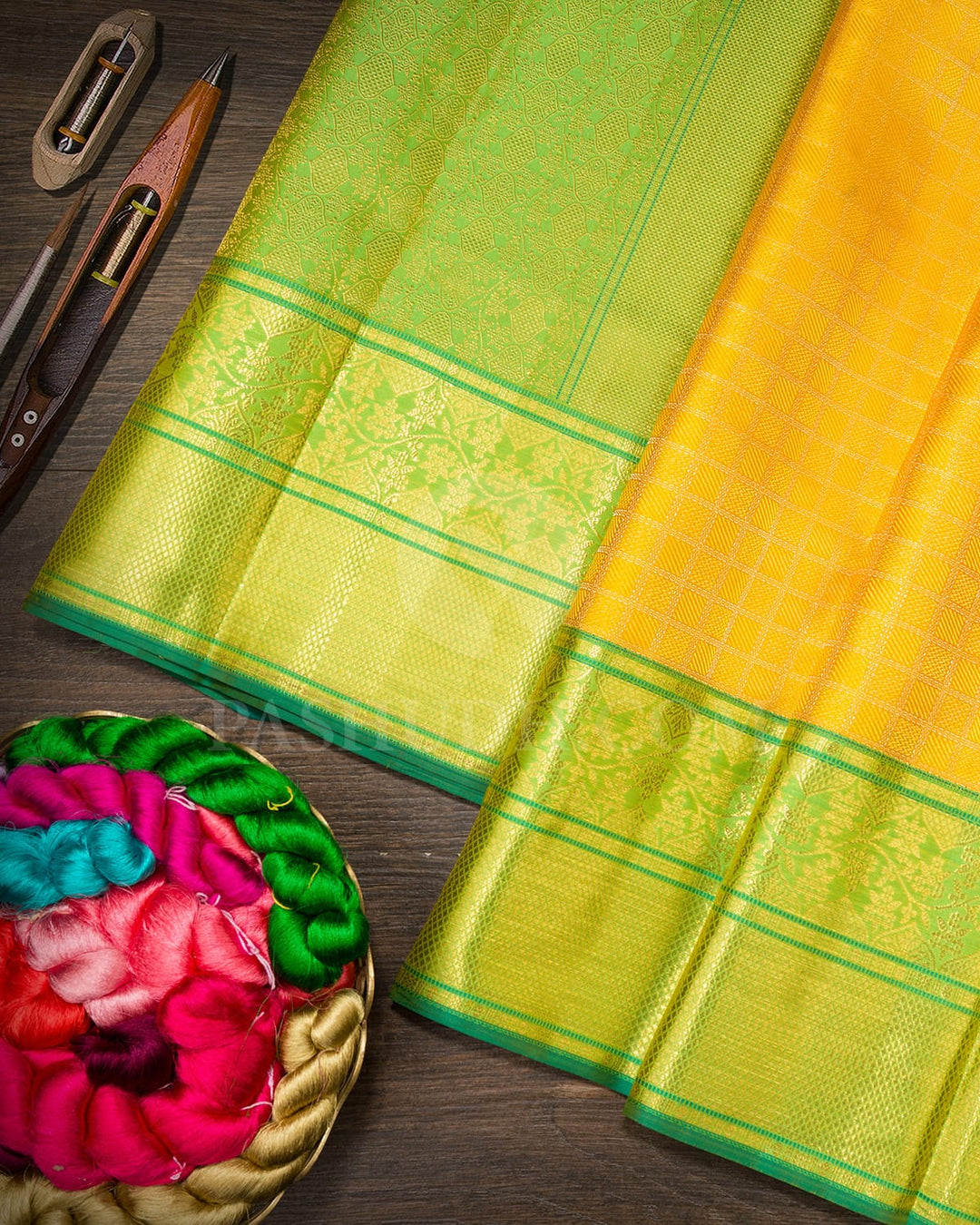 Bright Yellow With Parrot Green Kanjivaram Silk Saree-D664(A)