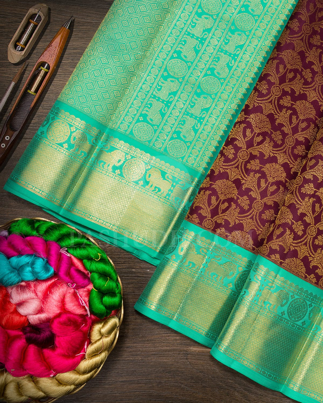 Betel Nut(Paaku)With Turquoise Traditional Kanjivaram Silk Saree-SP404