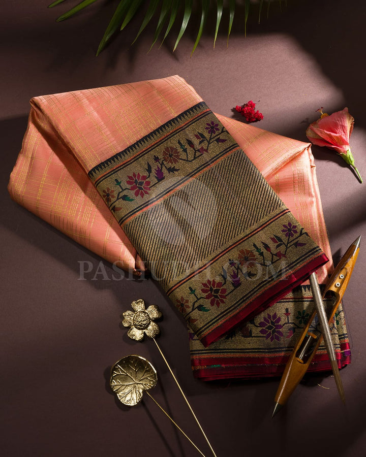 Pastel Peach And Black Kanjivaram Silk Saree-S1722(A)