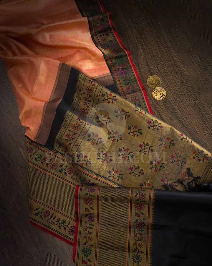 Pastel Peach And Black Kanjivaram Silk Saree-S1722(A)