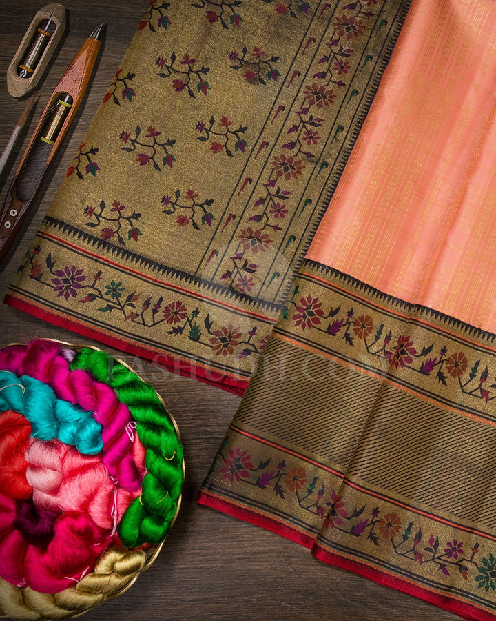 Pastel Peach And Black Kanjivaram Silk Saree-S1722(A)