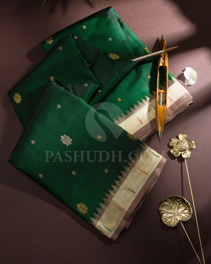 Bottle Green With Half White Temple Border Kanjivaram Silk Saree-S1723(A)