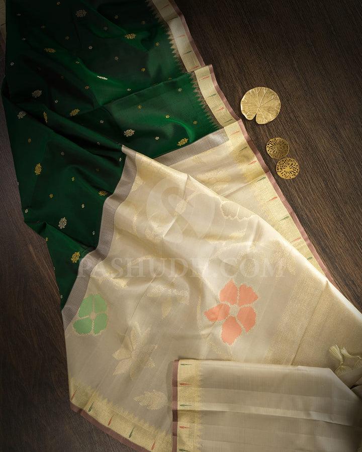 Bottle Green With Half White Temple Border Kanjivaram Silk Saree-S1723(A)