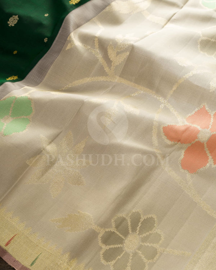 Bottle Green With Half White Temple Border Kanjivaram Silk Saree-S1723(A)