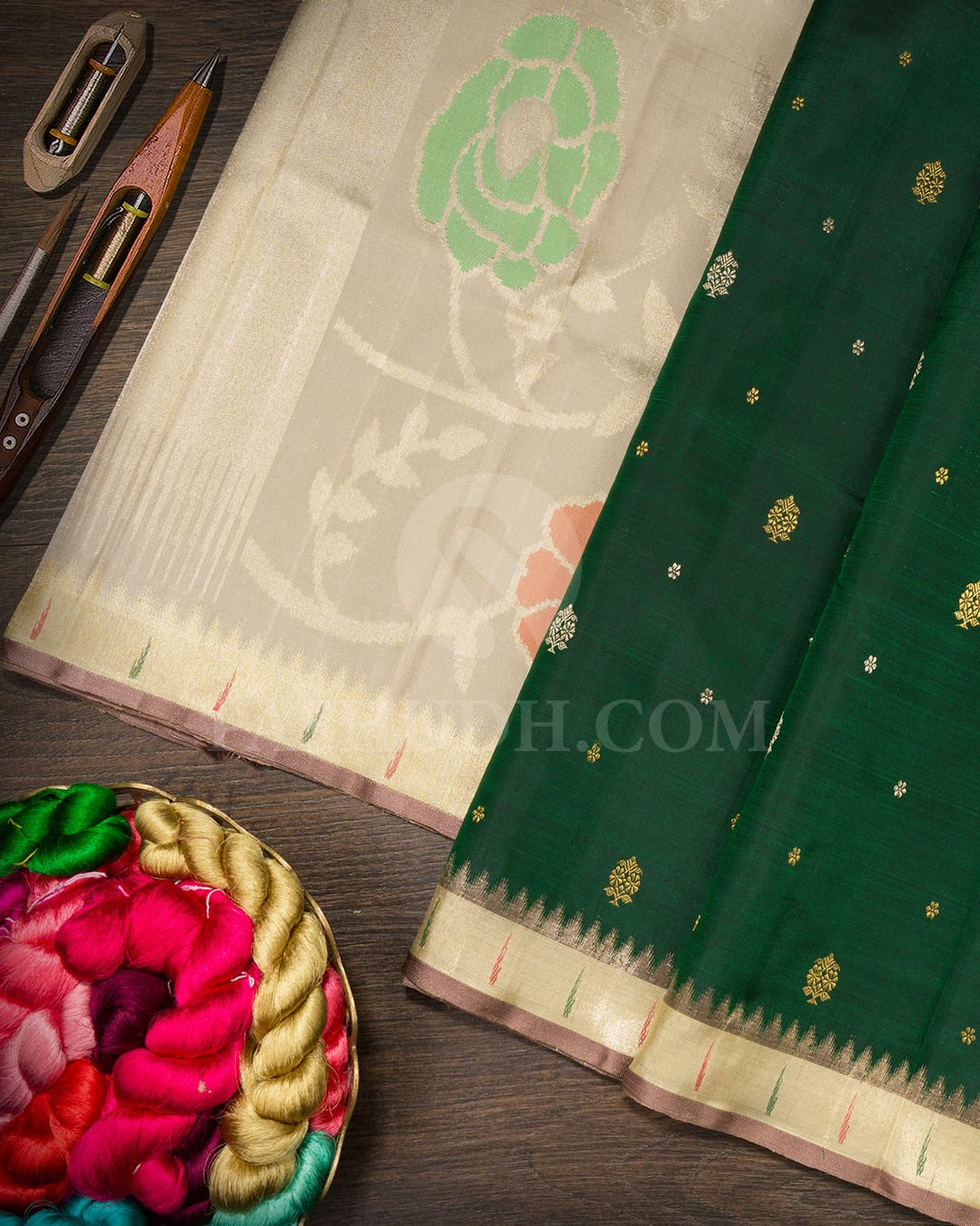 Bottle Green With Half White Temple Border Kanjivaram Silk Saree-S1723(A)