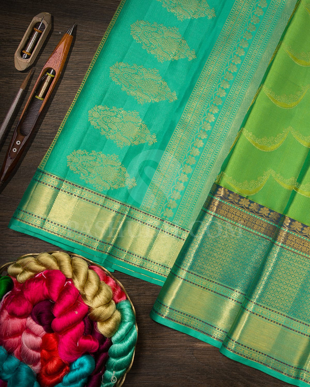Parrot Green With Sea Green Kanjivaram Silk Saree-D660(D)