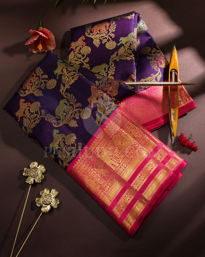 Dark Violet With Rouge Pink Bridal Kanjivaram Silk Saree-S1676(C)