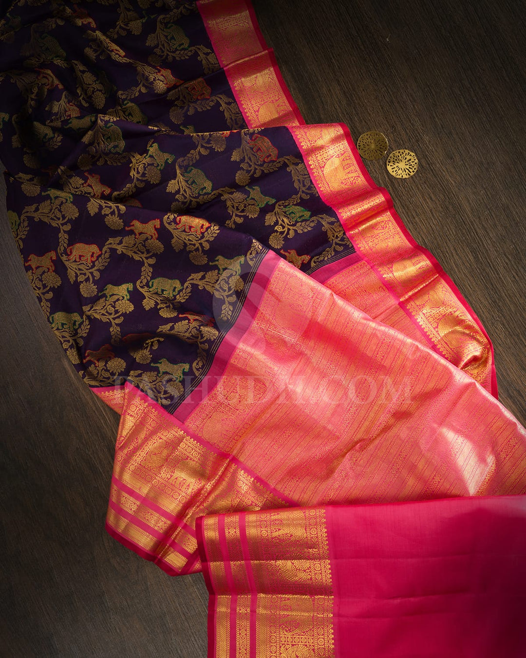 Dark Violet With Rouge Pink Bridal Kanjivaram Silk Saree-S1676(C)