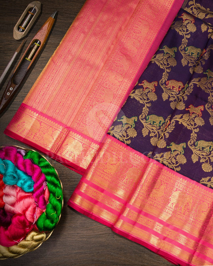 Dark Violet With Rouge Pink Bridal Kanjivaram Silk Saree-S1676(C)