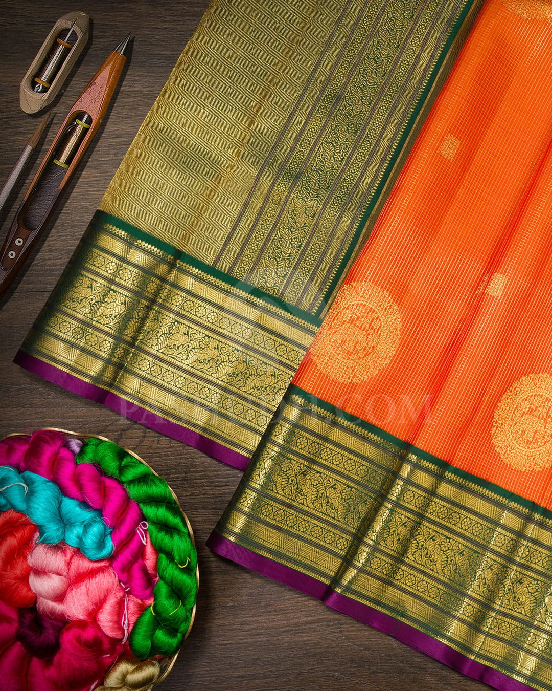Orange With Bottle Green Kanjivaram Silk Saree-S1583(C)