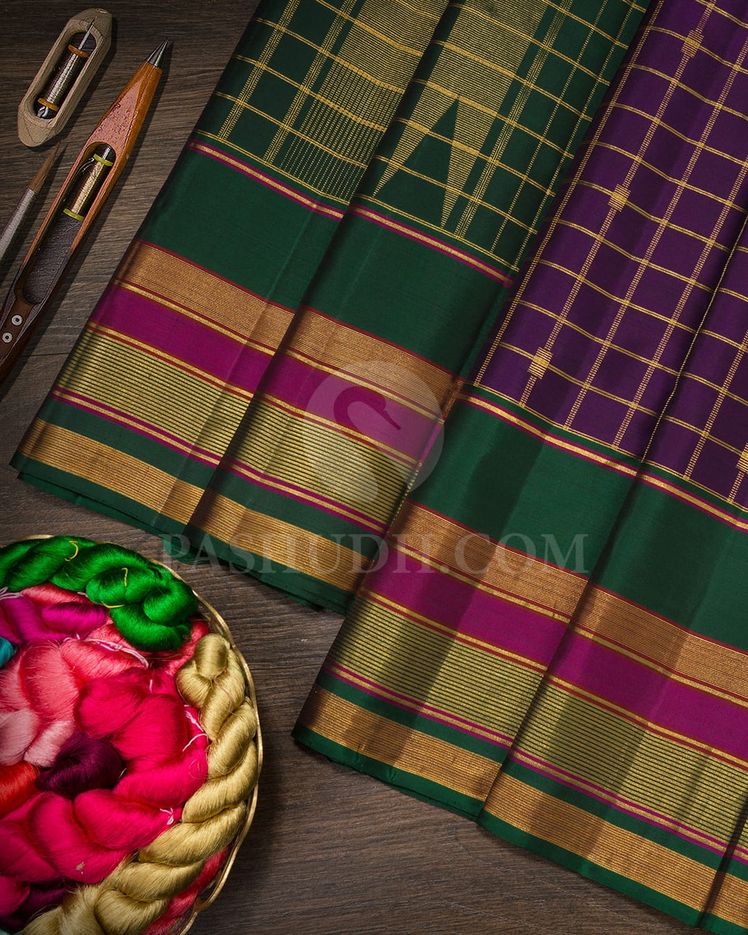 Violet With Bottle Green Kanjivaram  Silk Saree-S1736(A)