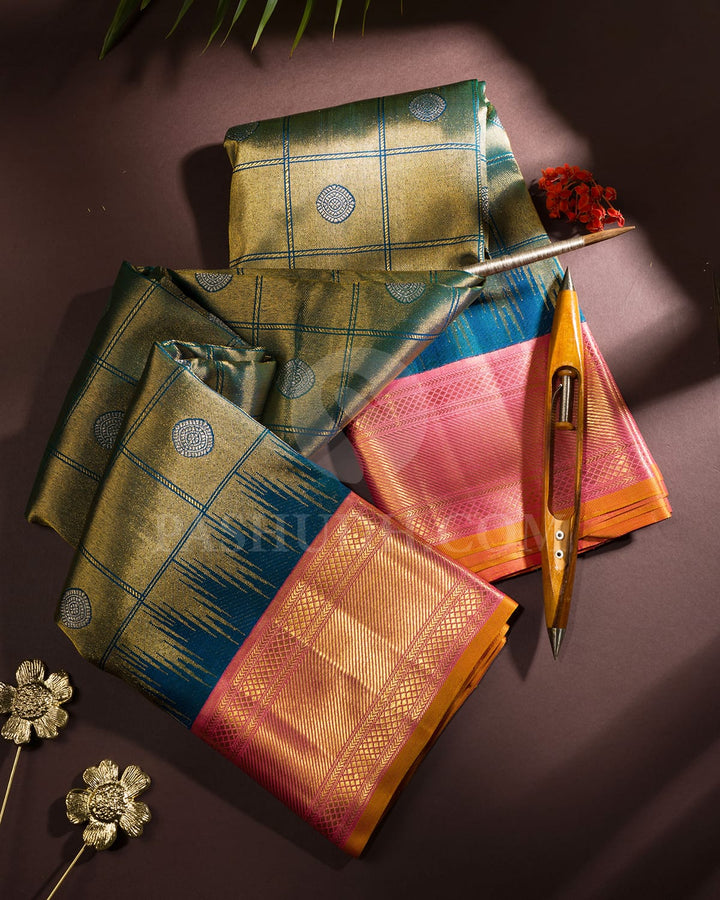 Teal Blue With Peach Traditional Kanjivaram Silk Saree-S1726(A)