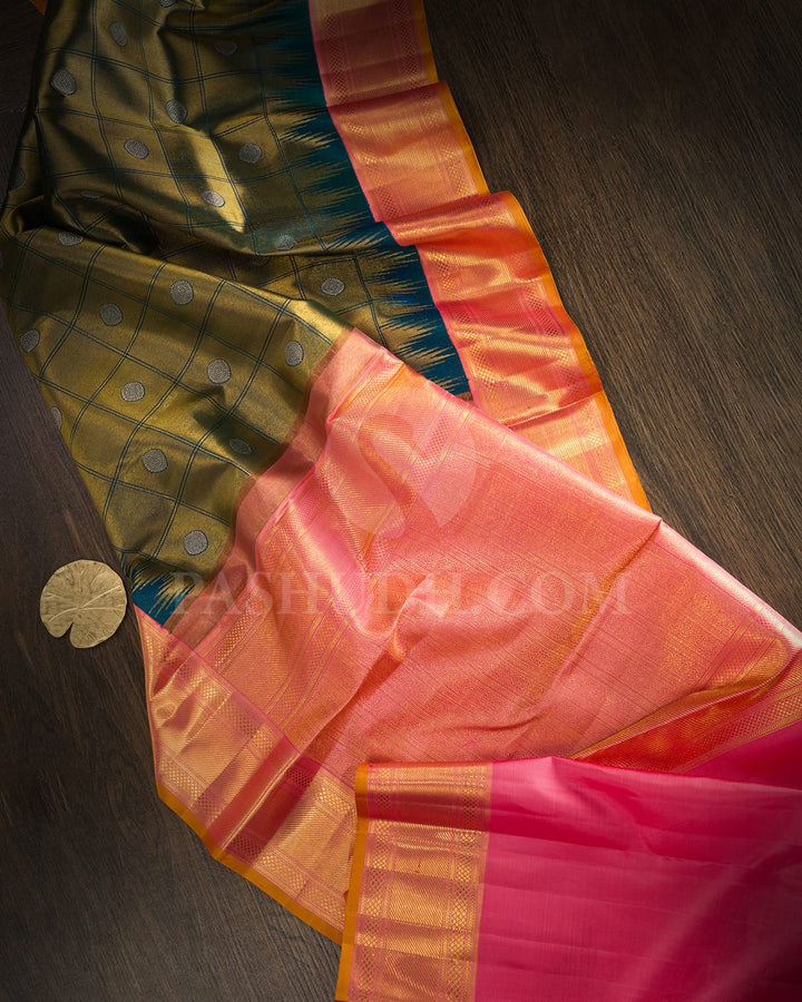 Teal Blue With Peach Traditional Kanjivaram Silk Saree-S1726(A)