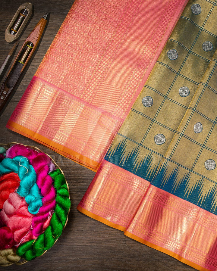 Teal Blue With Peach Traditional Kanjivaram Silk Saree-S1726(A)