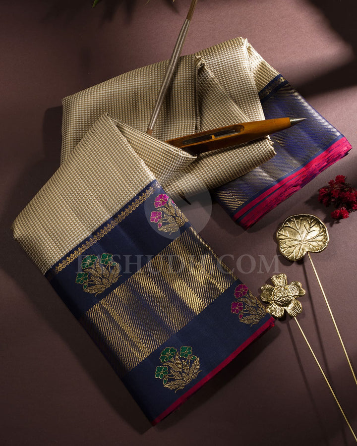 Beige,Khaki With Navy Blue Kanjivaram Silk Saree-S1728(A)