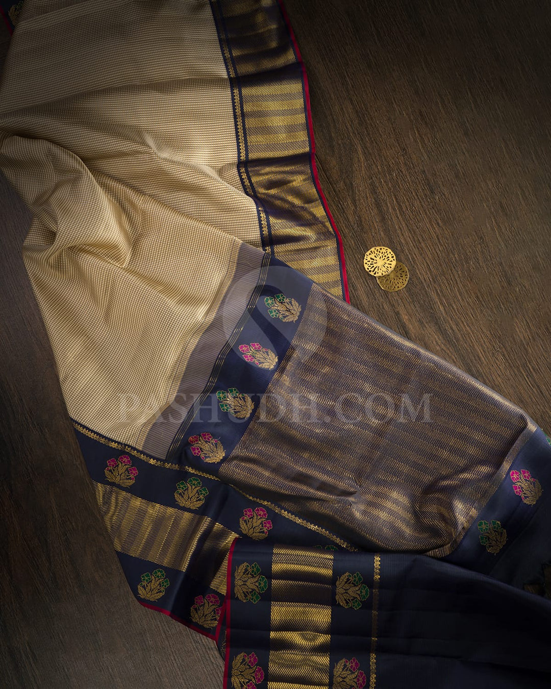 Beige,Khaki With Navy Blue Kanjivaram Silk Saree-S1728(A)