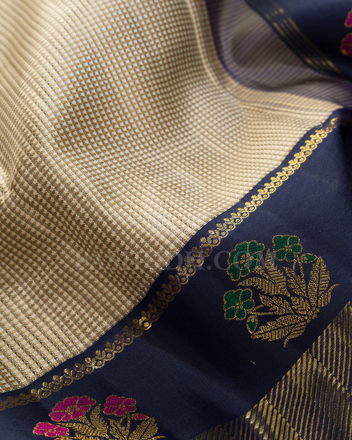 Beige,Khaki With Navy Blue Kanjivaram Silk Saree-S1728(A)