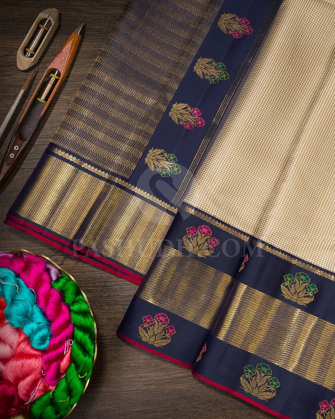 Beige,Khaki With Navy Blue Kanjivaram Silk Saree-S1728(A)