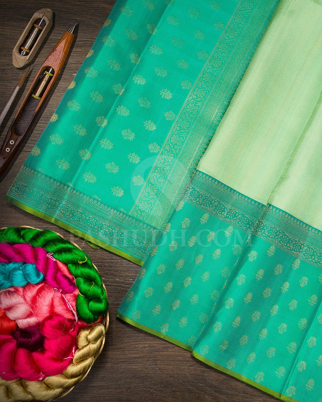 Pistachio Green With Fuchsia Green Kanjivaram Silk Saree-DJ443(A)