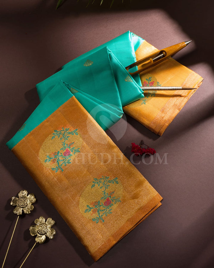 Cyan Blue With Orange Kanjivaram Silk Saree-S1724(A)