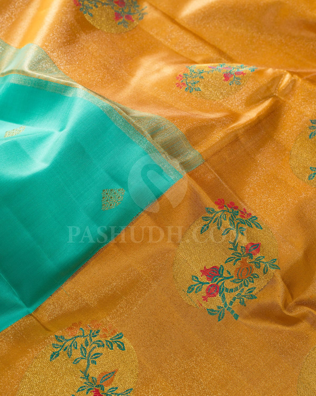 Cyan Blue With Orange Kanjivaram Silk Saree-S1724(A)