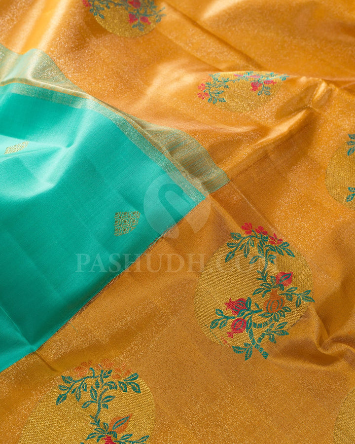 Cyan Blue With Orange Kanjivaram Silk Saree-S1724(A)