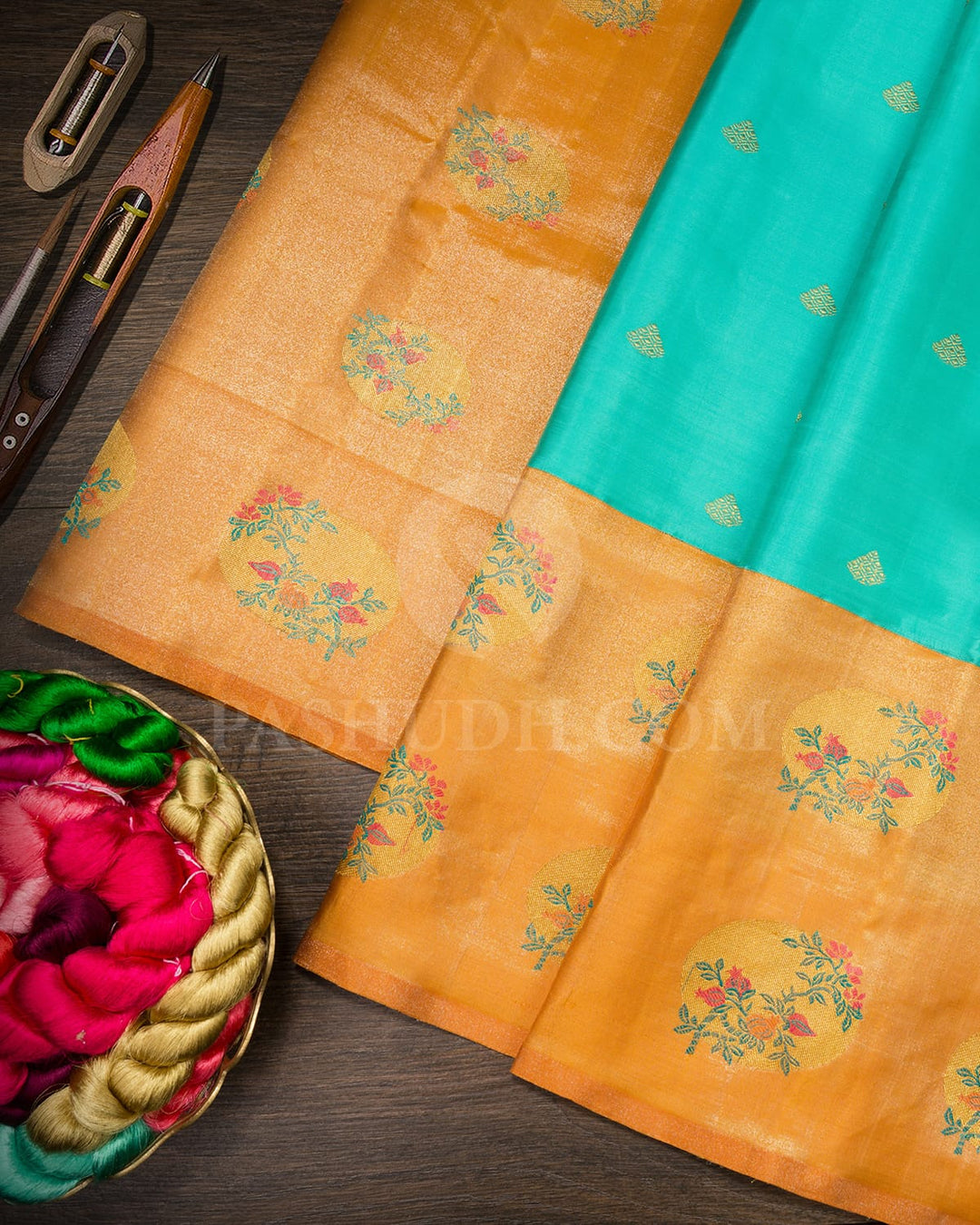 Cyan Blue With Orange Kanjivaram Silk Saree-S1724(A)
