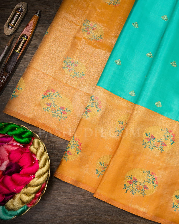 Cyan Blue With Orange Kanjivaram Silk Saree-S1724(A)