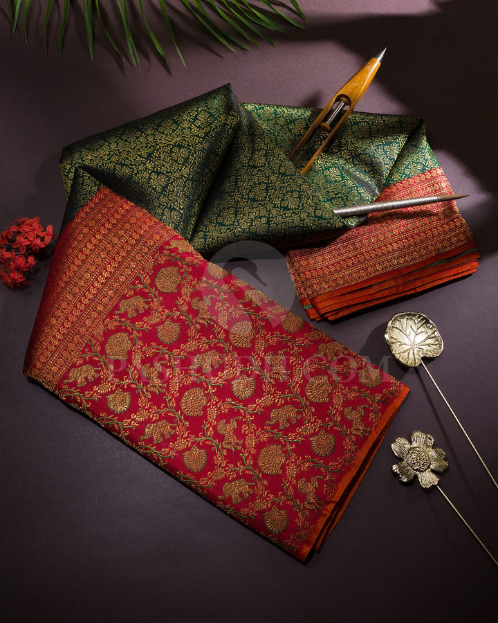 Forest Green With Red Kanjivaram Silk Saree-S1095(E)