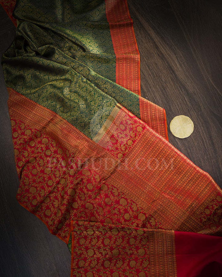Forest Green With Red Kanjivaram Silk Saree-S1095(E)