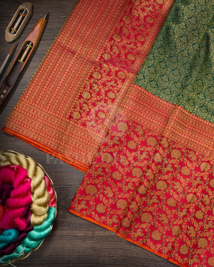 Forest Green With Red Kanjivaram Silk Saree-S1095(E)