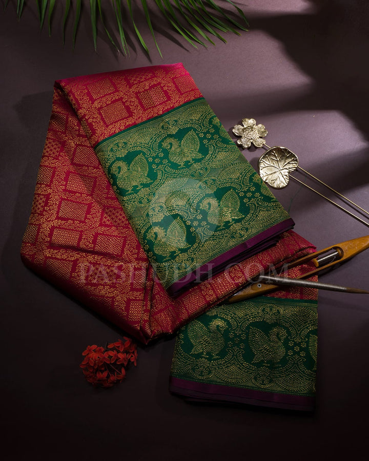 Cerise Red With Bottle Green Kanjivaram Silk Saree-S1655(E)