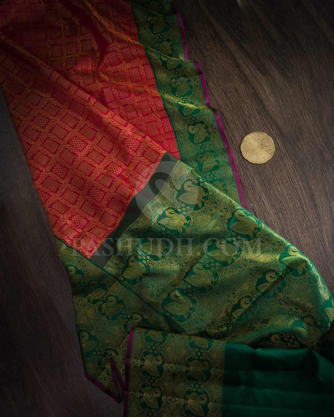 Cerise Red With Bottle Green Kanjivaram Silk Saree-S1655(E)