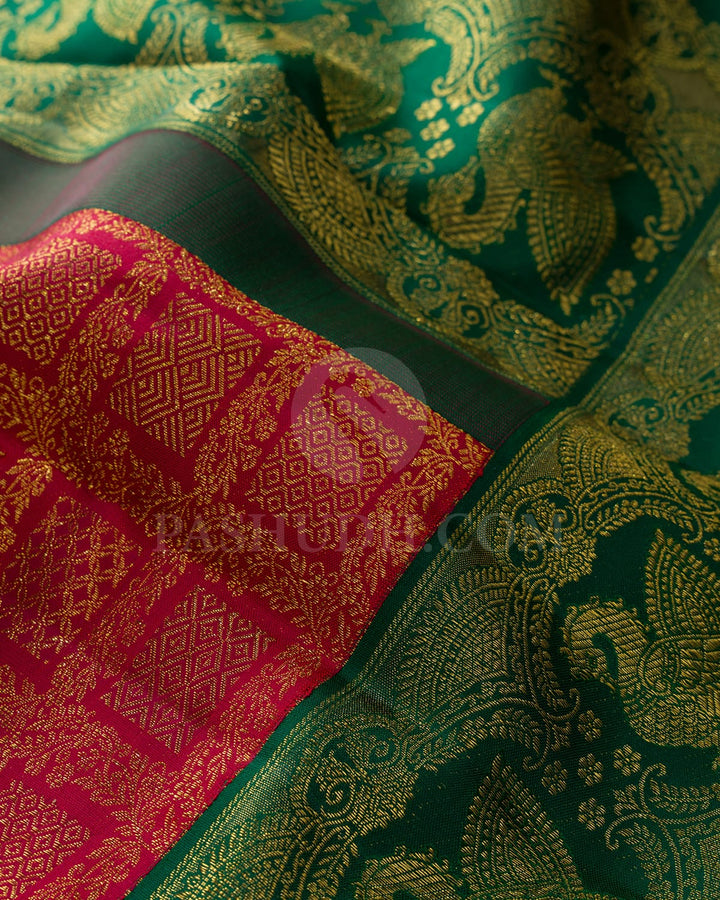 Cerise Red With Bottle Green Kanjivaram Silk Saree-S1655(E)