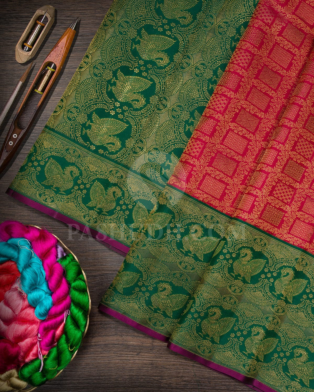 Cerise Red With Bottle Green Kanjivaram Silk Saree-S1655(E)