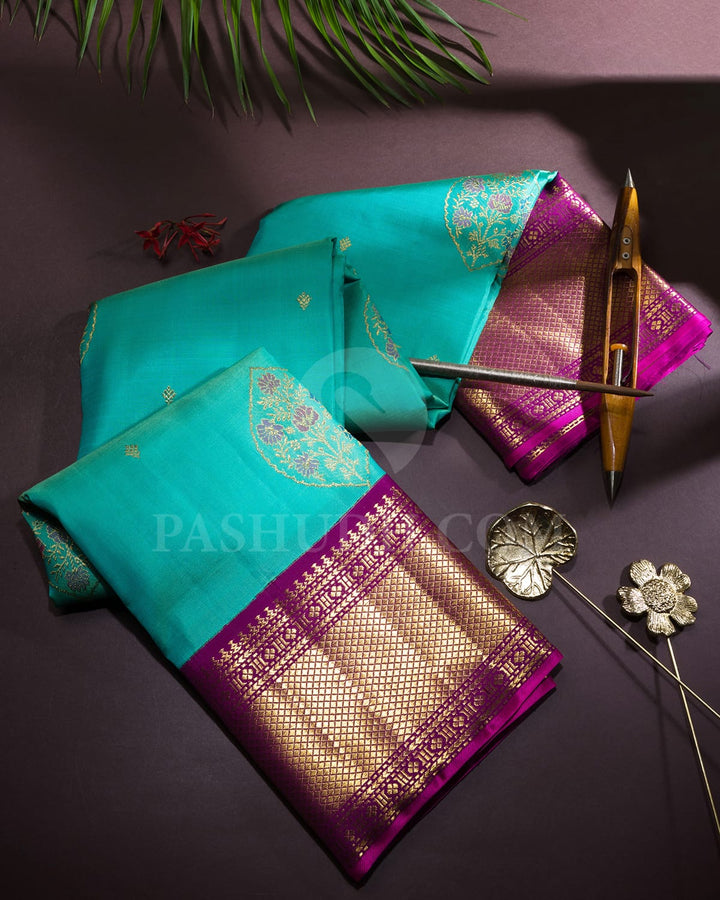 Dual Shaded Sapphire Green With Purple Kanjivaram Silk Saree-S1747(A)