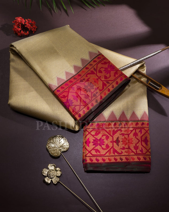 Cream With Red Kanjivaram Silk Saree-S1691(B)