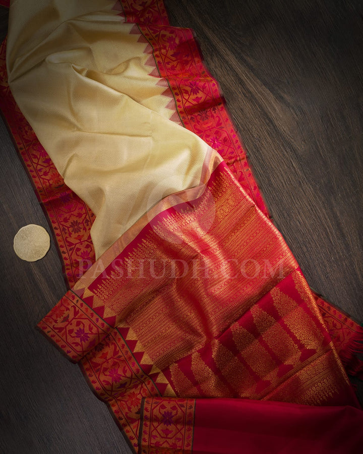 Cream With Red Kanjivaram Silk Saree-S1691(B)