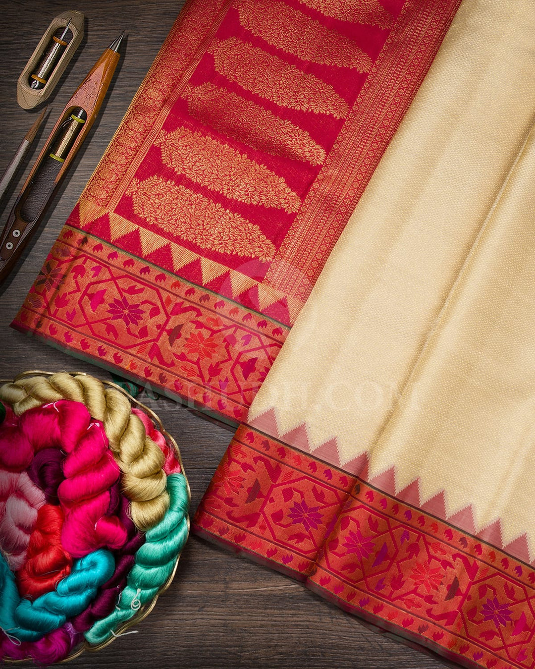 Cream With Red Kanjivaram Silk Saree-S1691(B)