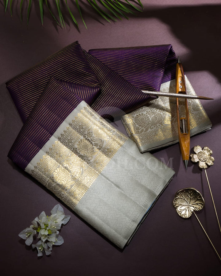Deep Navy Blue With Pale Grey Kanjivaram Silk Saree-S1756(A)