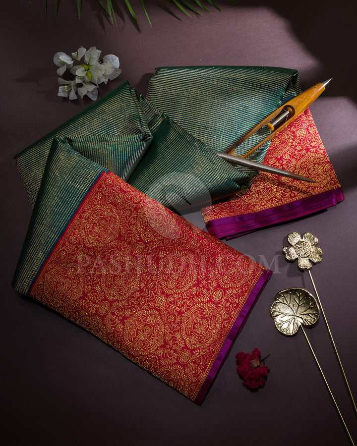Dual Shaded Peacock Green With Red Kanjivaram Silk Saree-S1168(E)