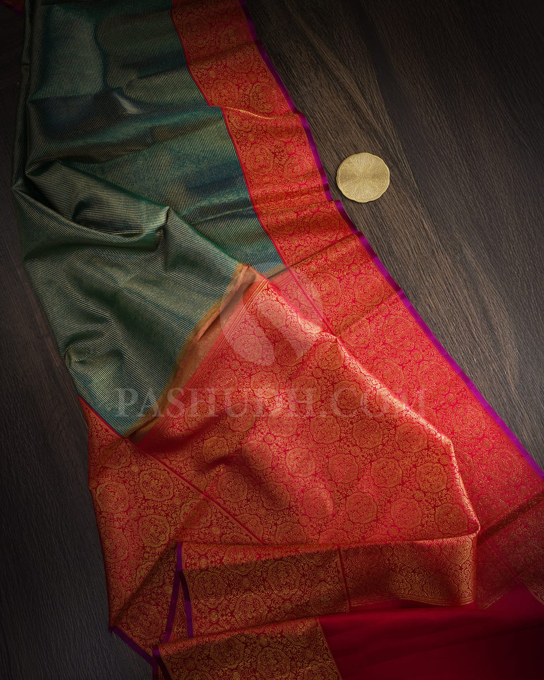 Dual Shaded Peacock Green With Red Kanjivaram Silk Saree-S1168(E)